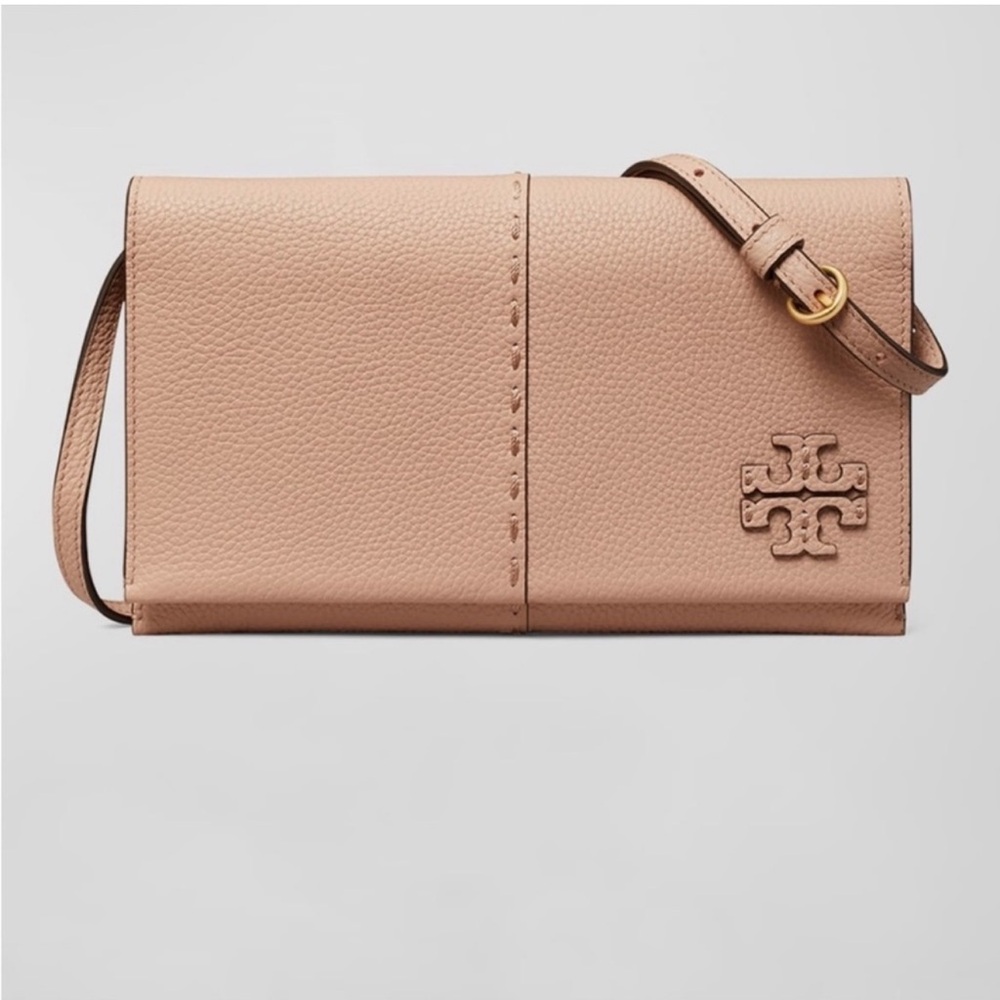 Last one left> Tory Burch McGraw Wallet Leather Crossbody Goan Sand/Rolled Brass